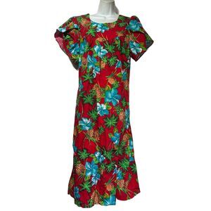 Royal Creations Hawaii Red Hibiscus Pineapple Floral Hawaiian Vintage Dress Sz L